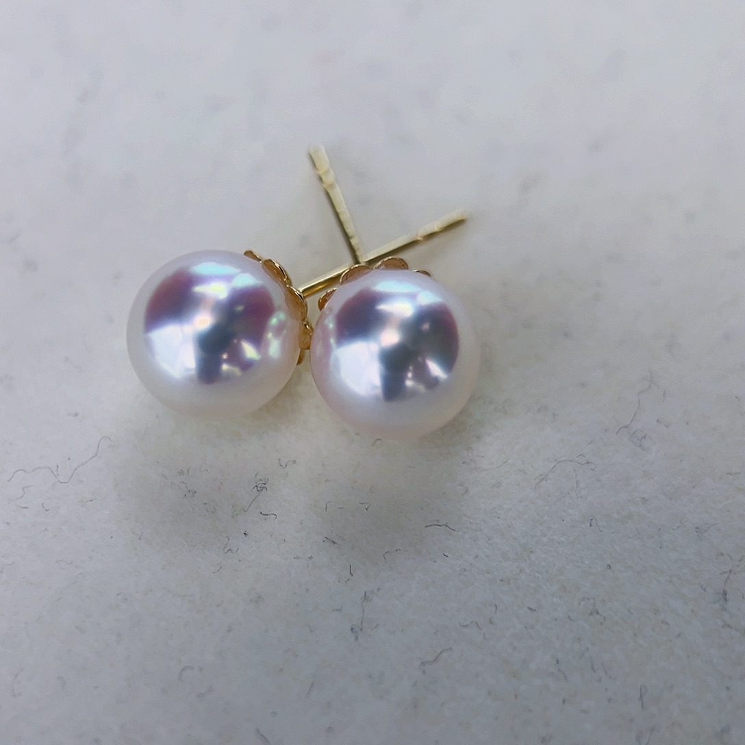 海水珍珠海水akoya天女耳钉7.5-8mm18K金镶嵌
