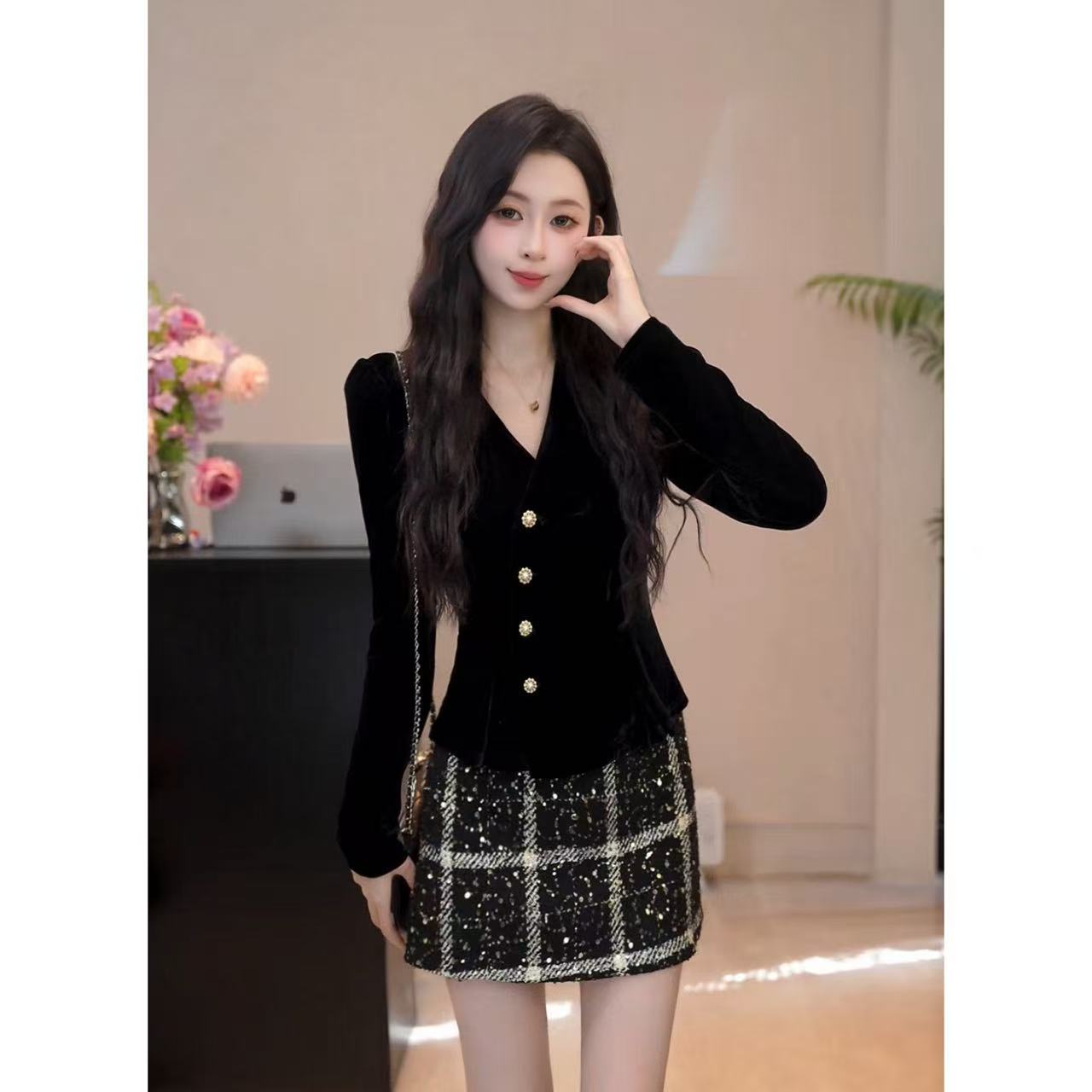 YUANLIANSU/圆脸酥【玉树银花】千金风气质收腰金扣丝绒衬衫女秋季