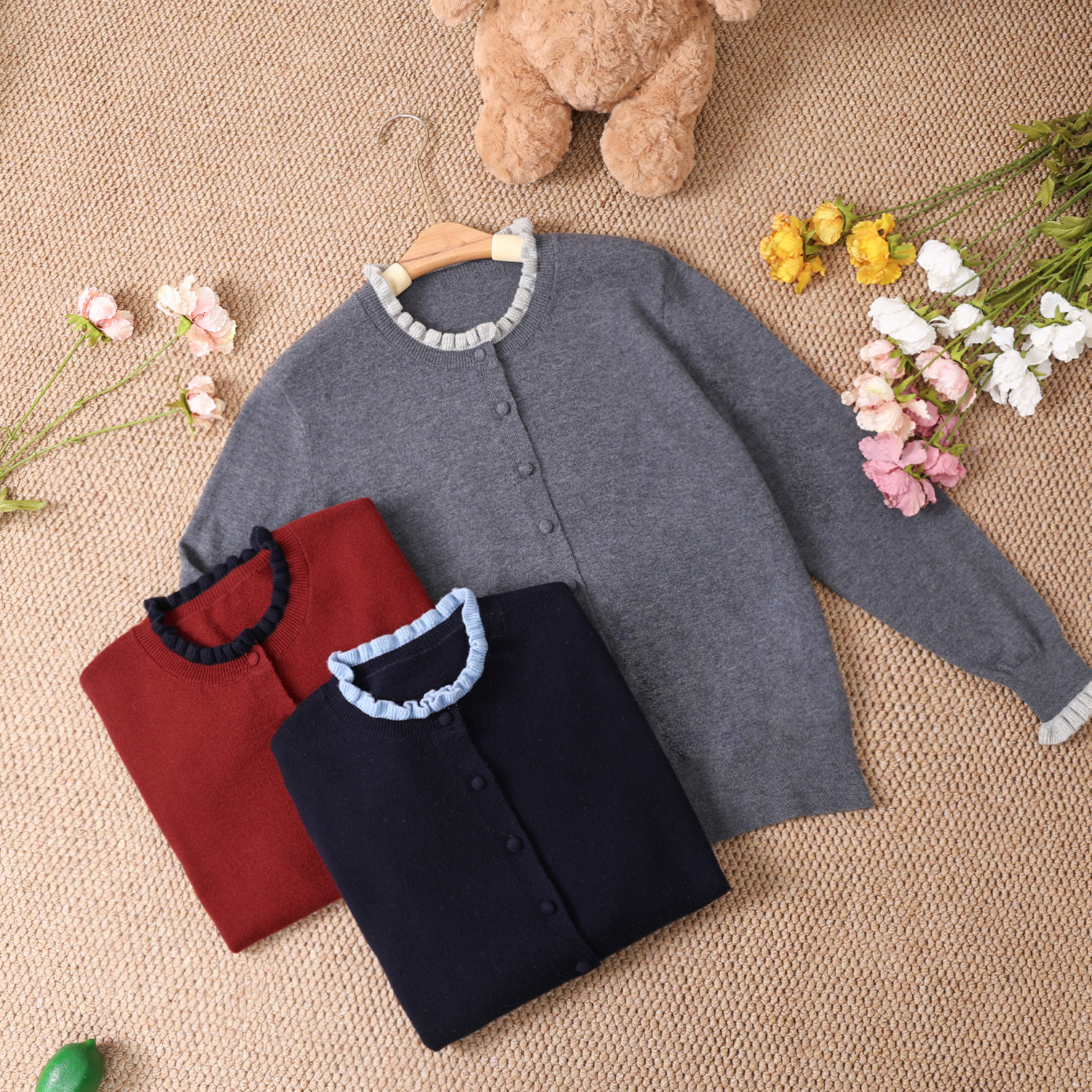 【少女心事】100%羊毛撞色秋冬法式减龄花边领针织开衫#87316