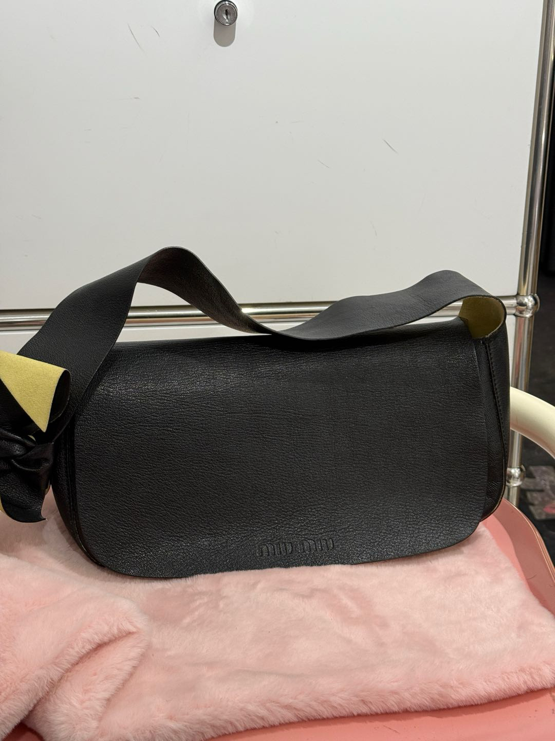95新 MIU MIU/缪缪 黑色牛皮拼绿色麂皮蝴蝶结hobo单肩包54930891