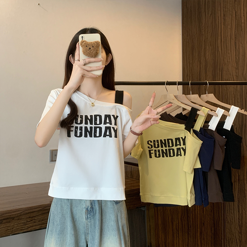 X大码斜领露肩短袖t恤女夏季2025新款韩系宽松设计感修身显瘦上衣
