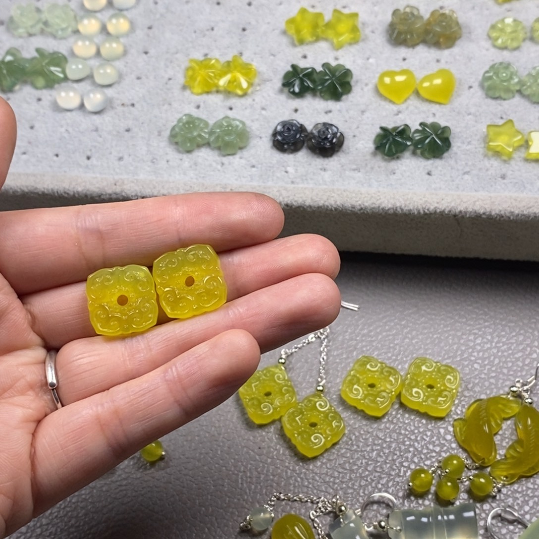 ღ****蛇纹石玉银S925镶嵌挂件耳饰耳环项链