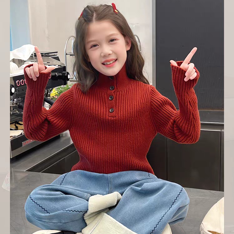 女童加厚一体绒毛衣高领打底衫儿童洋气修身针织衫中大童冬装新款