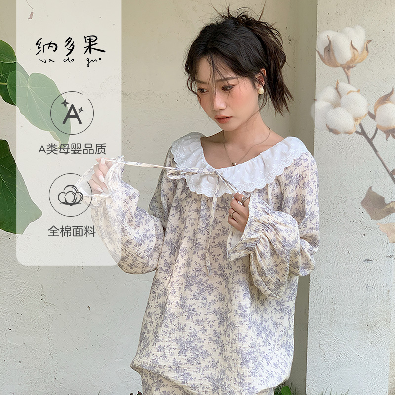 2025新款全棉皱皱纱布家居服睡衣透气亲肤排汗花边系带甜美