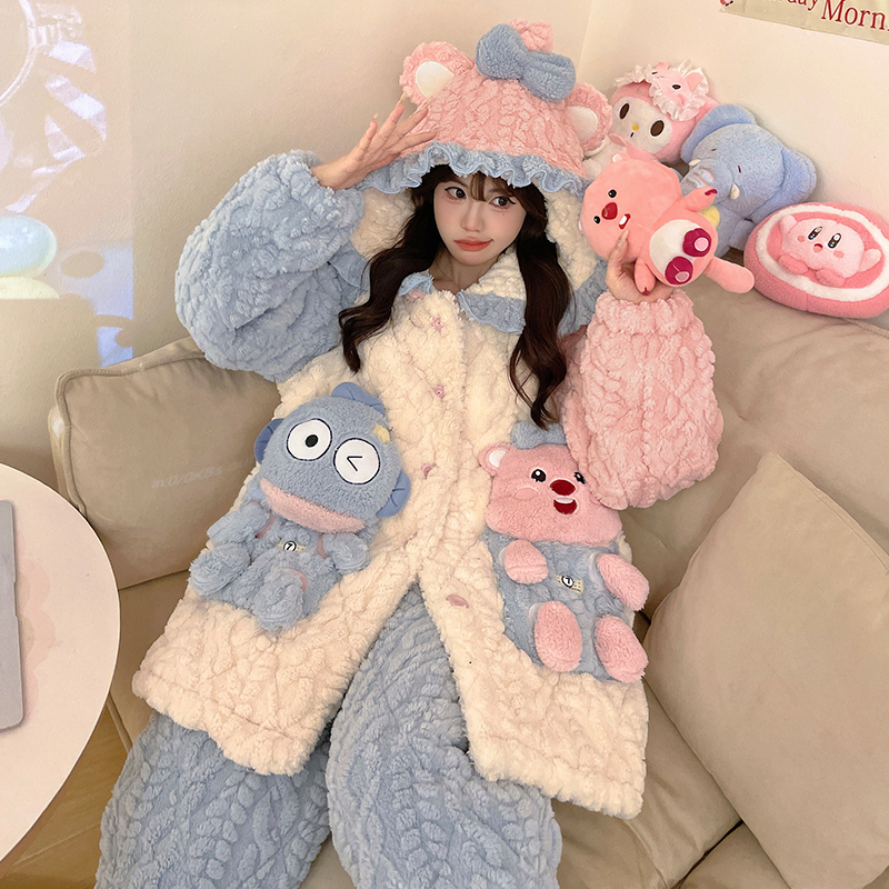 bejirog/北极绒可爱风外穿珊瑚绒三层夹棉少女冬季保暖睡袍两件套