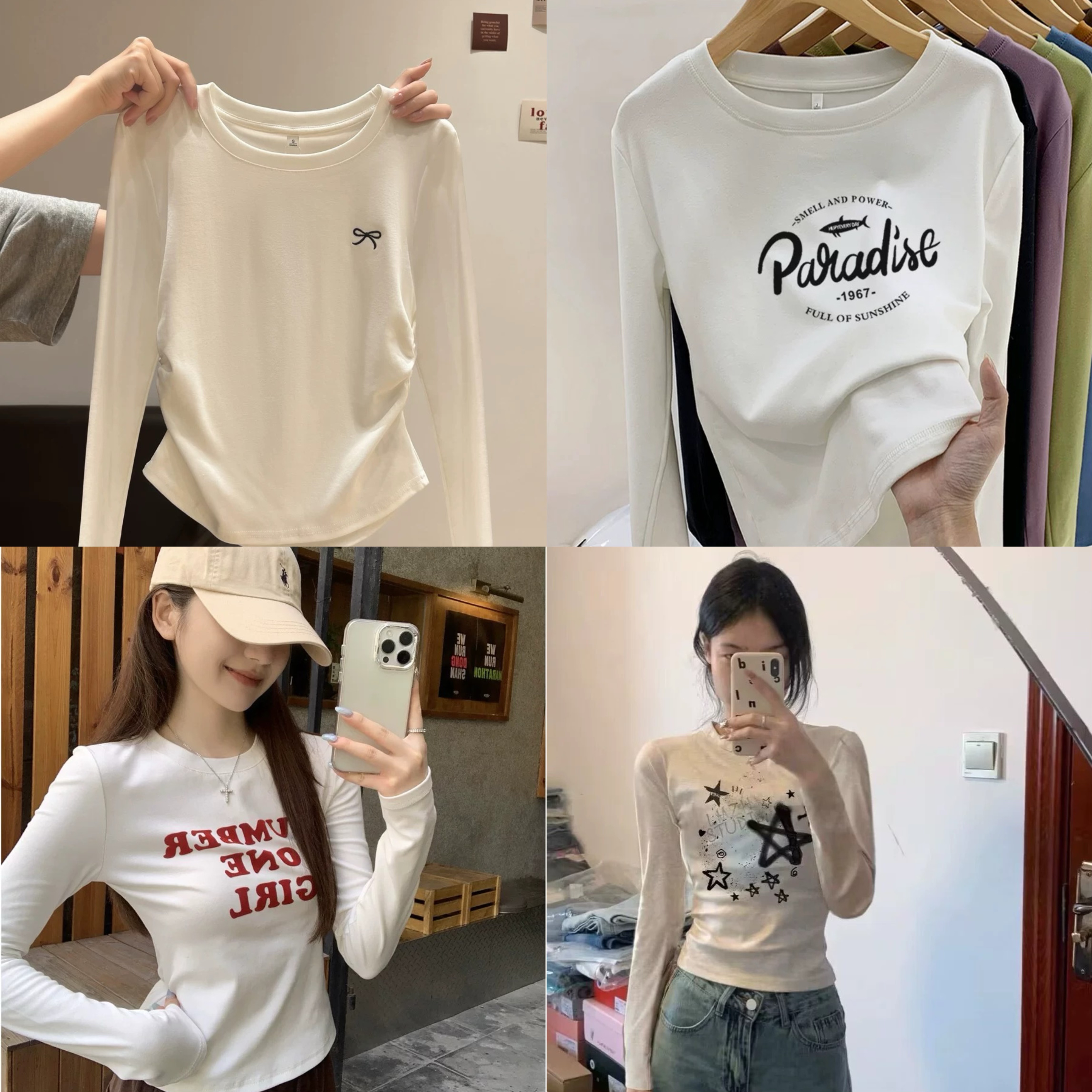 【H301-H599】apm韩国修身全棉长袖上衣重磅烫钻收腰堆褶女款打底T