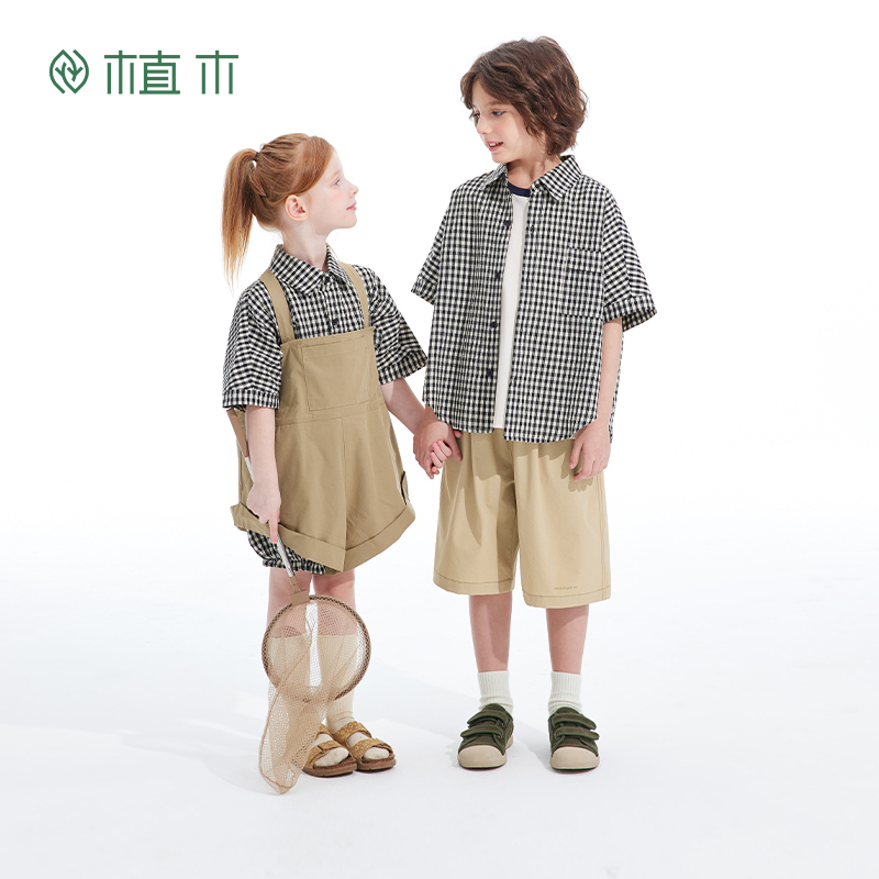 植木童装男童衬衫25夏季新款大童透气格纹短袖上衣衬衫25C172138
