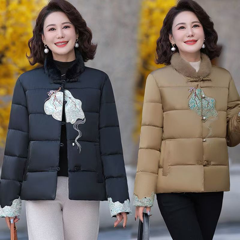 妈妈新款外套棉衣女保暖短款中式国风中老年棉袄冬装刺绣加厚棉服