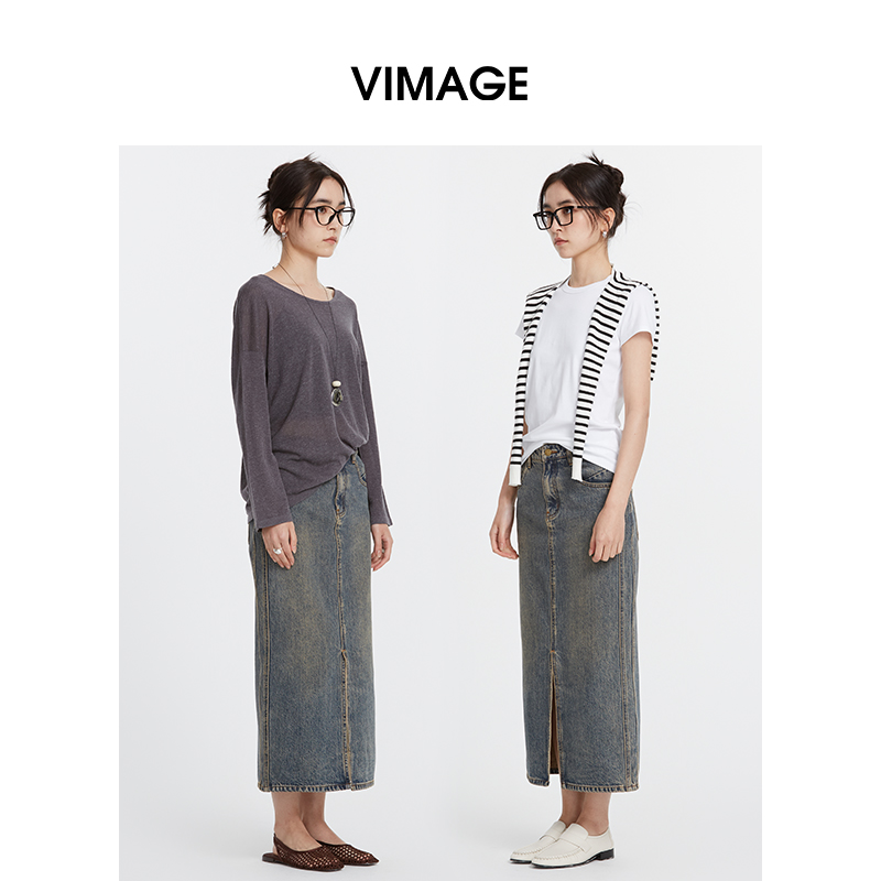 VIMAGE纬漫纪秋季新款牛仔裙中长款女包臀开叉高腰半身裙V2006608