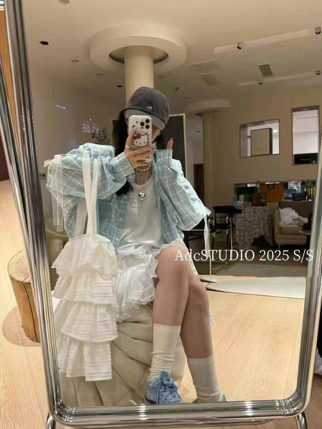 悠悠 新款韩版宽松蕾丝蝴蝶结显瘦百搭格子衬衫长袖衬衣