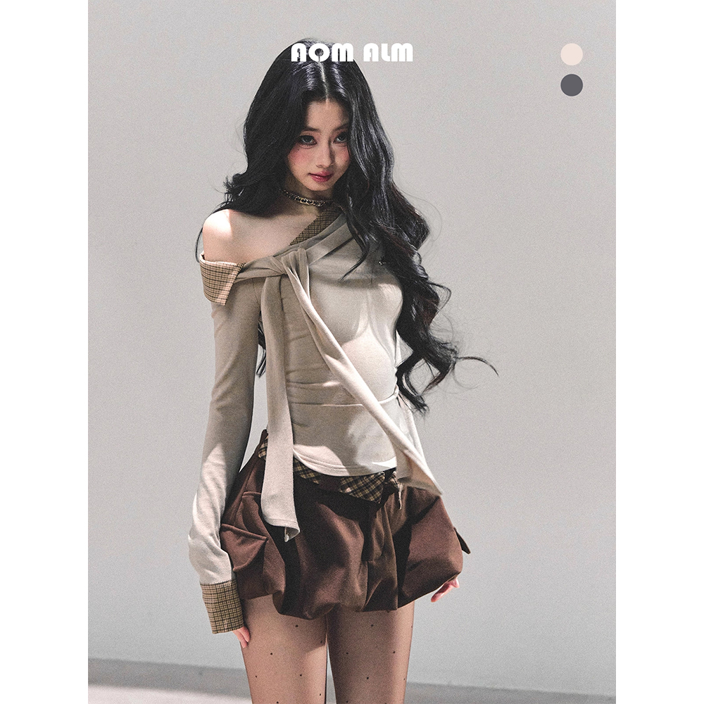 AOMALM少也眼"她安静走过"假两件美式长袖针织斜肩T恤女秋冬上衣