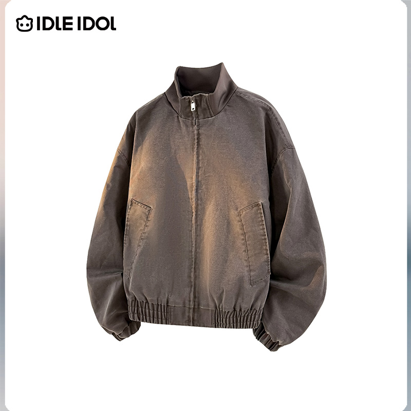 IDLE IDOL新款美式复古纯色立领工装上衣秋季男装飞行员夹克外套