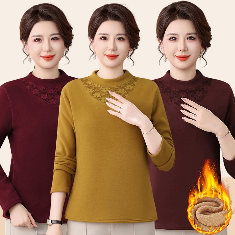 中老年女装气质妈妈圆领长袖上衣加厚保暖衣内搭外穿打底衫