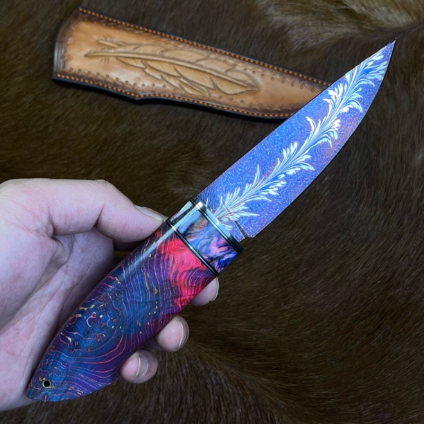 诚茜手工制作大马士革凤尾羽毛纹烤蓝高端收藏级水果刀