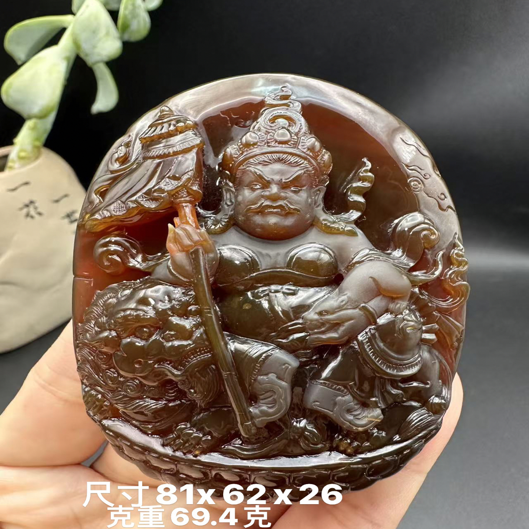 缅甸天然琥珀大师工雕刻血蜜蜡财宝天王吊坠挂件