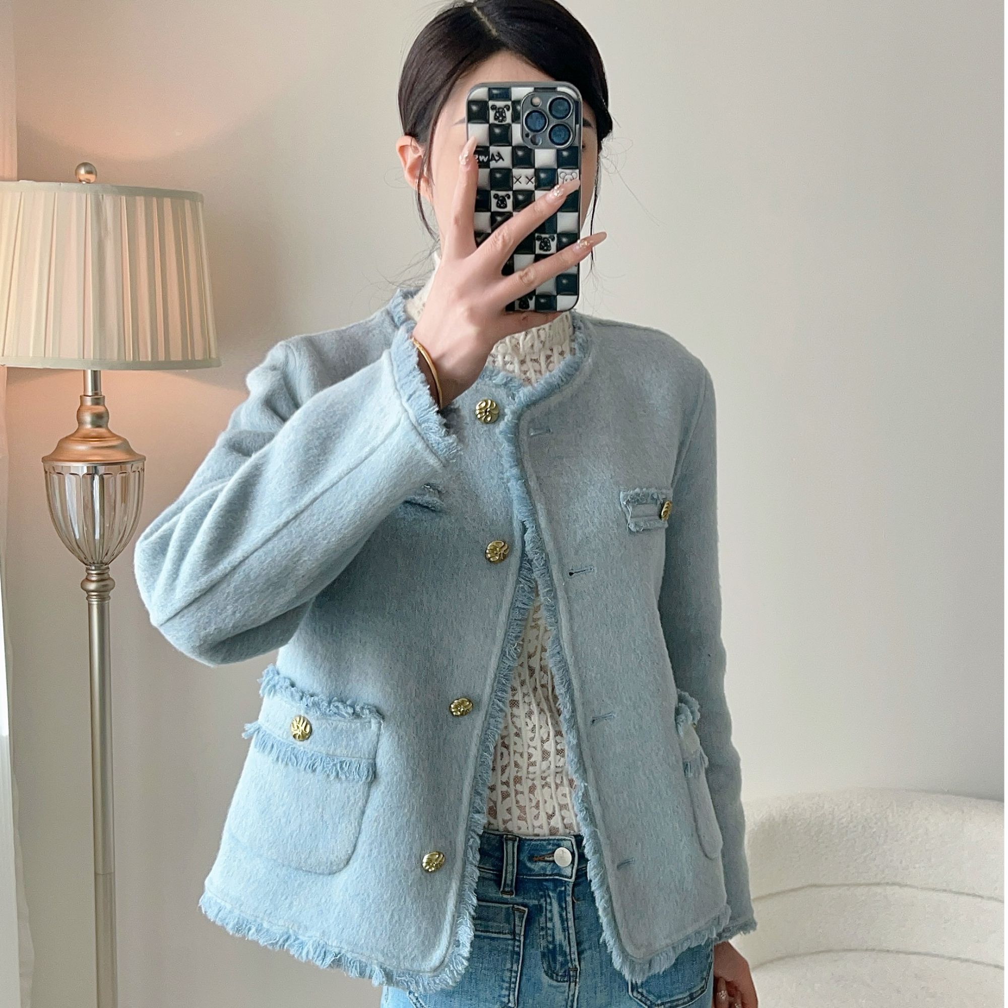 【沐静静】春款设计风小香风双面呢气质短款绵羊毛大衣502