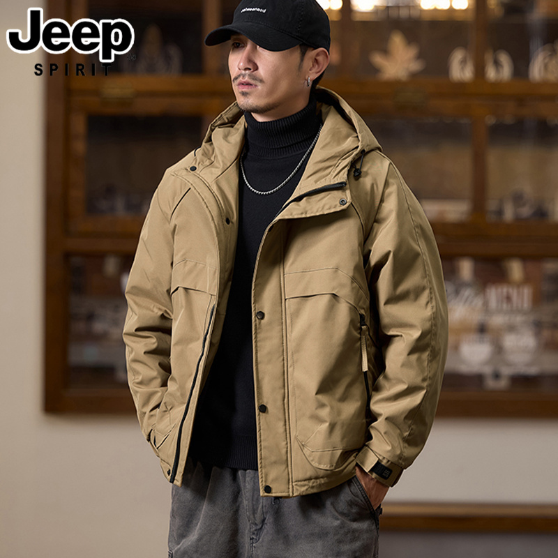 JEEPSPIRIT吉普美式复古冲锋衣夹克男士秋冬棉服夹棉连帽外套棉衣
