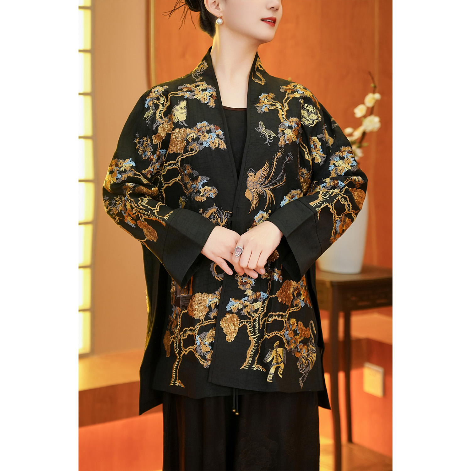 【凤栖梧桐】新中式复古龟纹香云纱吉祥纹中国风大码上衣-86206