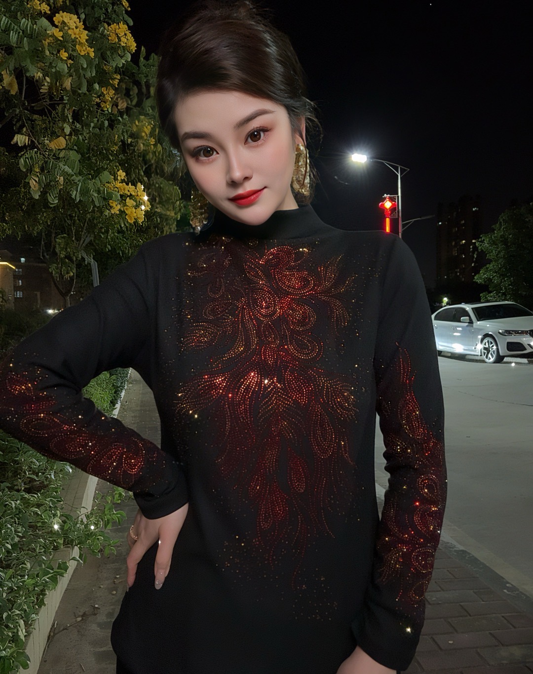【网红爆款805#双色加绒】打底衫女内搭秋冬时尚烫钻上衣修身显瘦