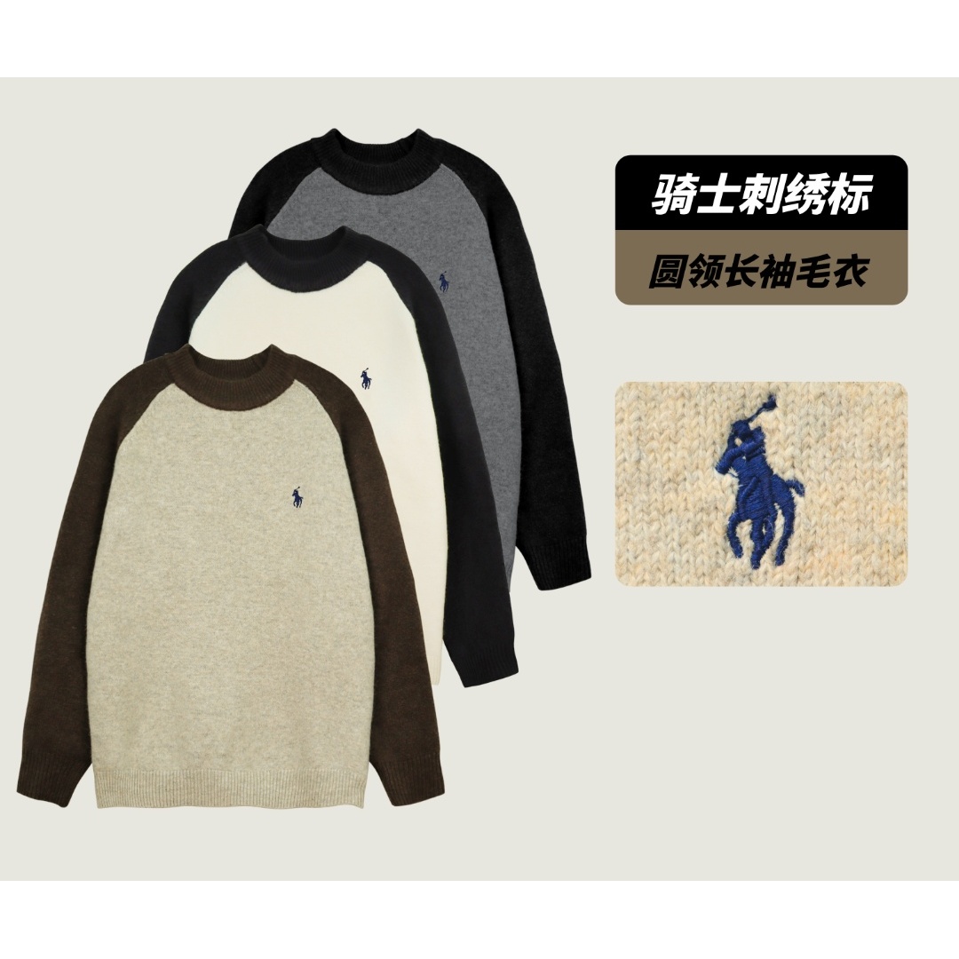 YOUYOU右右衣柜骑士刺绣标·双色潮流拼接情侣款圆领长袖毛衣
