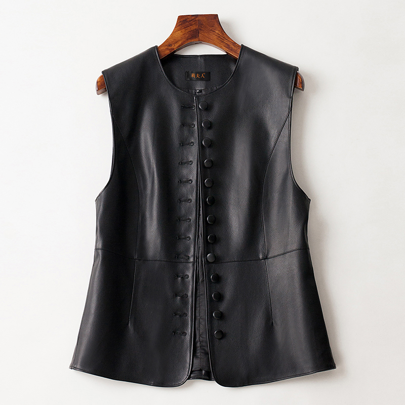 新款真皮马甲女圆领无袖背心短款显瘦皮坎肩气质中长皮衣夹克外套