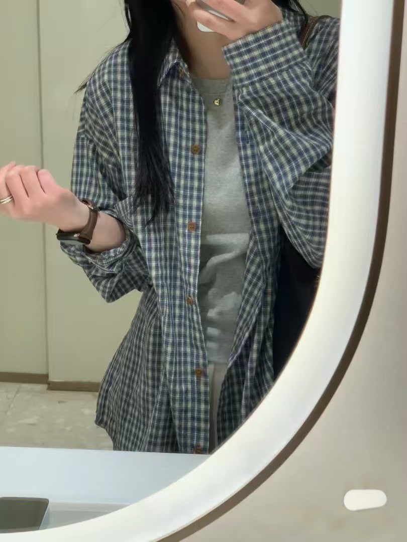 韩系穿搭！复古小众蓝色格子衬衫690
