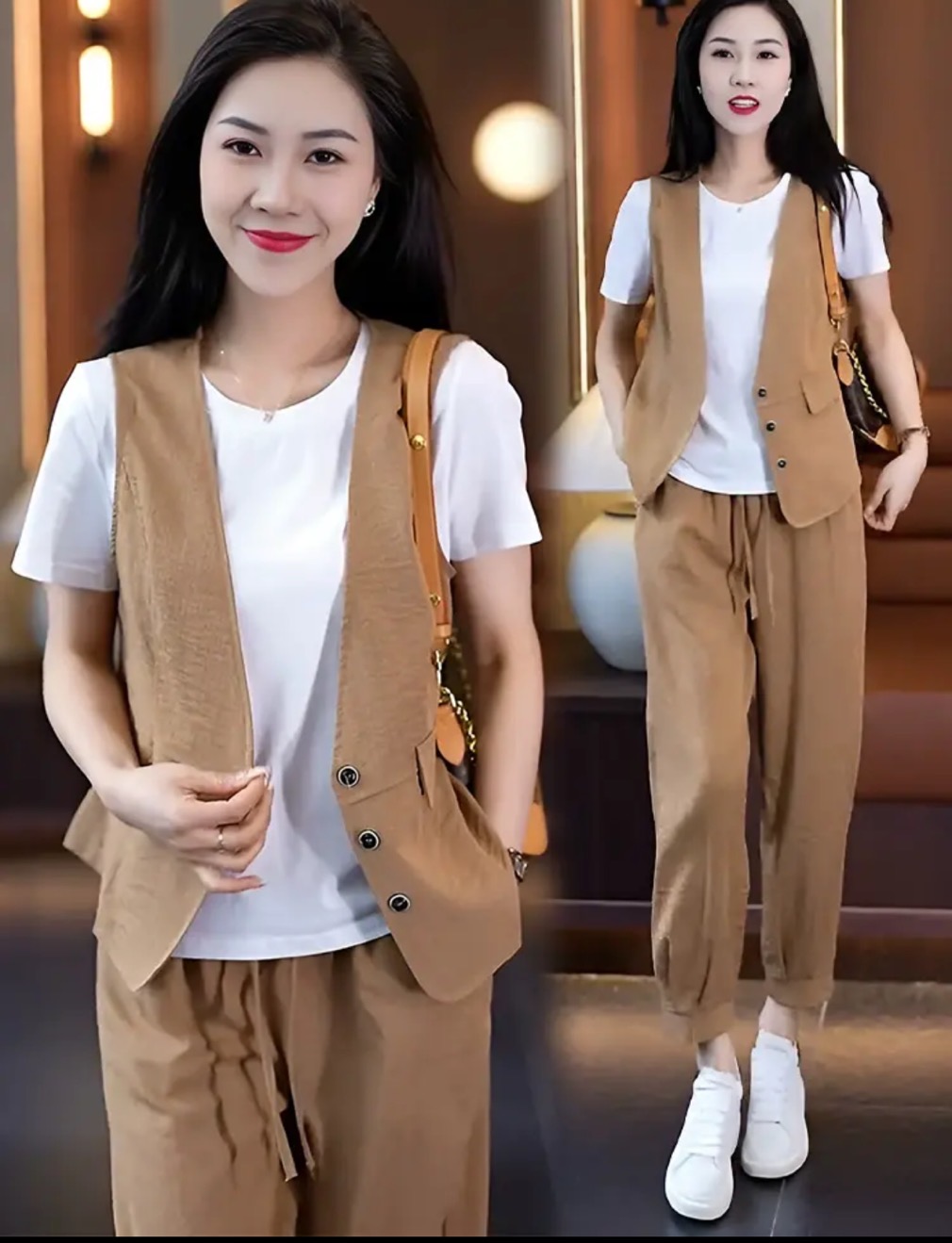 时尚休闲套装2025夏季韩版女士薄款短袖T恤马甲背心直筒裤三件套