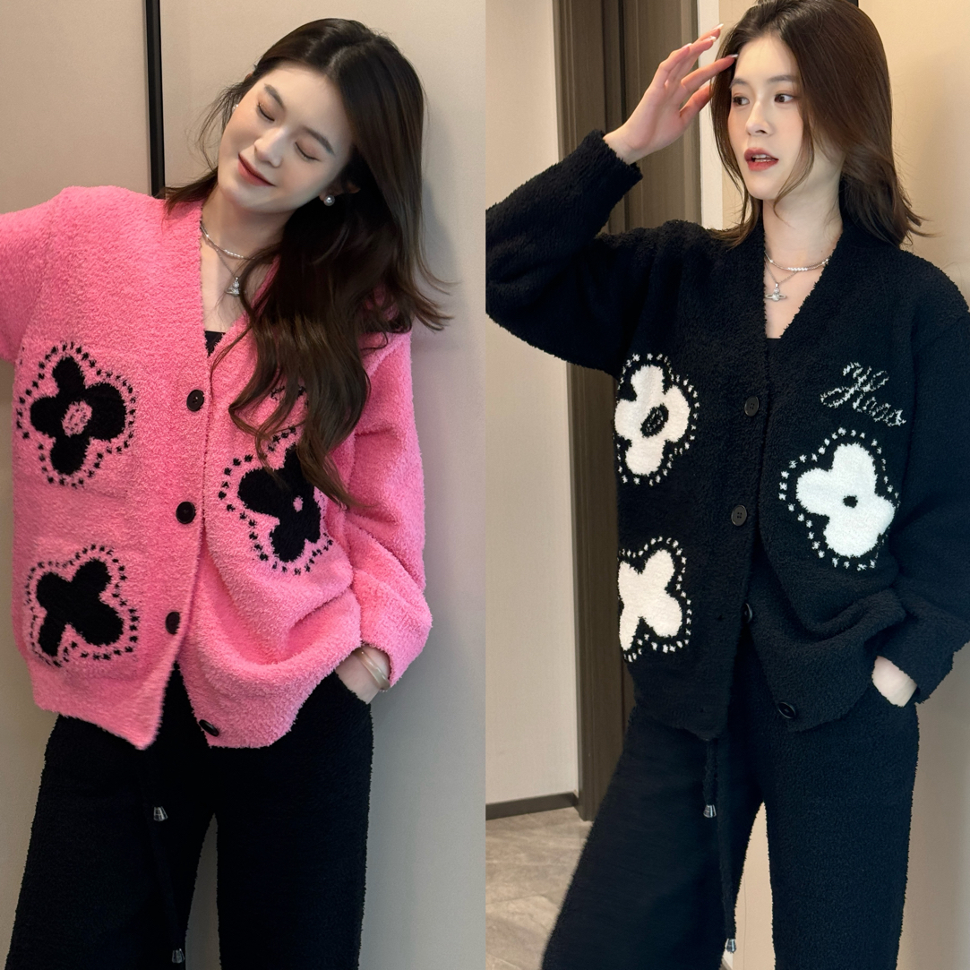 冬季2025加厚黑色粉色小花慵懒风半边绒加厚家居服软糯套装女外穿