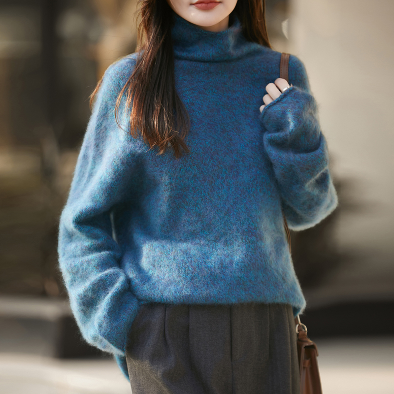蓝眼泪花纱堆堆领保暖气质羊毛拉绒宽松显瘦轻奢慵懒风高领针织衫