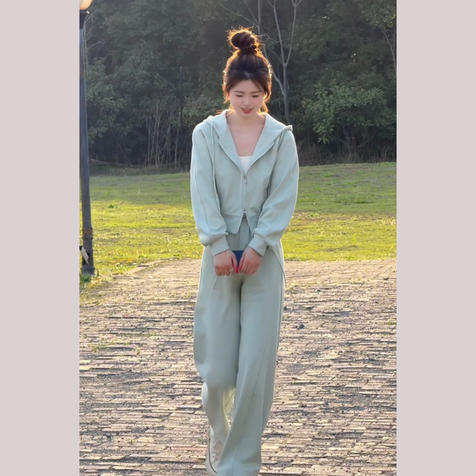 【薄荷曼波】春秋中厚款弯刀裤连帽口袋时尚休闲气质宽松套装#3019