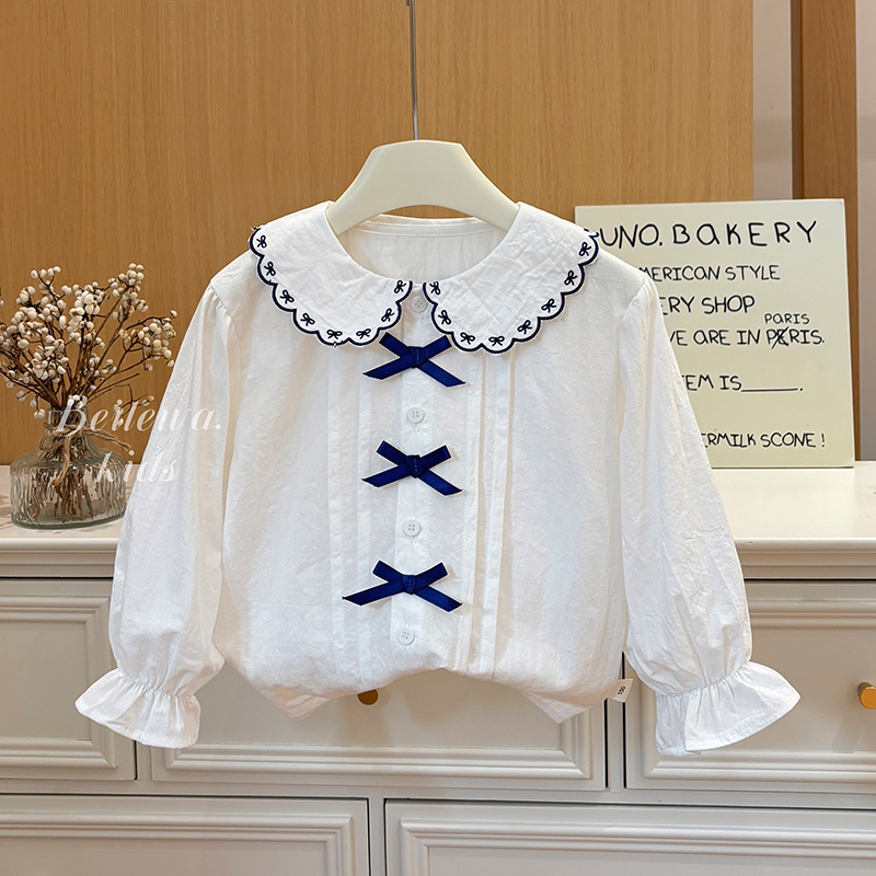 新款女童秋装长袖娃娃领衬衫女宝宝百搭休闲款衬衣童装春秋白衬衣