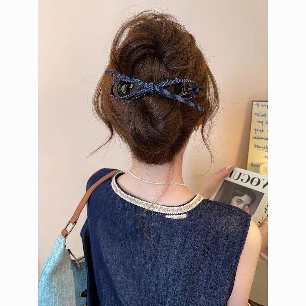 复古牛仔蝴蝶结扭扭夹女高级感一字抓夹后脑勺盘发夹发饰商品图