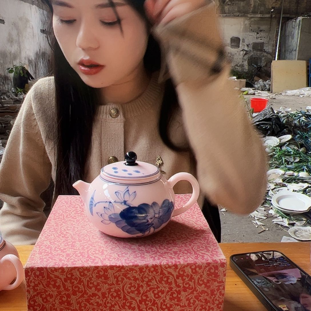 摆件瓷景德镇红xixi荷花壶