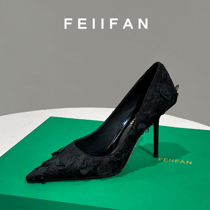 【现货】黑色高跟鞋2025春秋新款镂空花朵高级感绝美尖头单鞋女7758