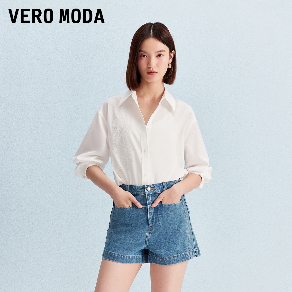 Vero Moda衬衫2025秋季新款单排扣含棉花朵刺绣宽松上衣325305018