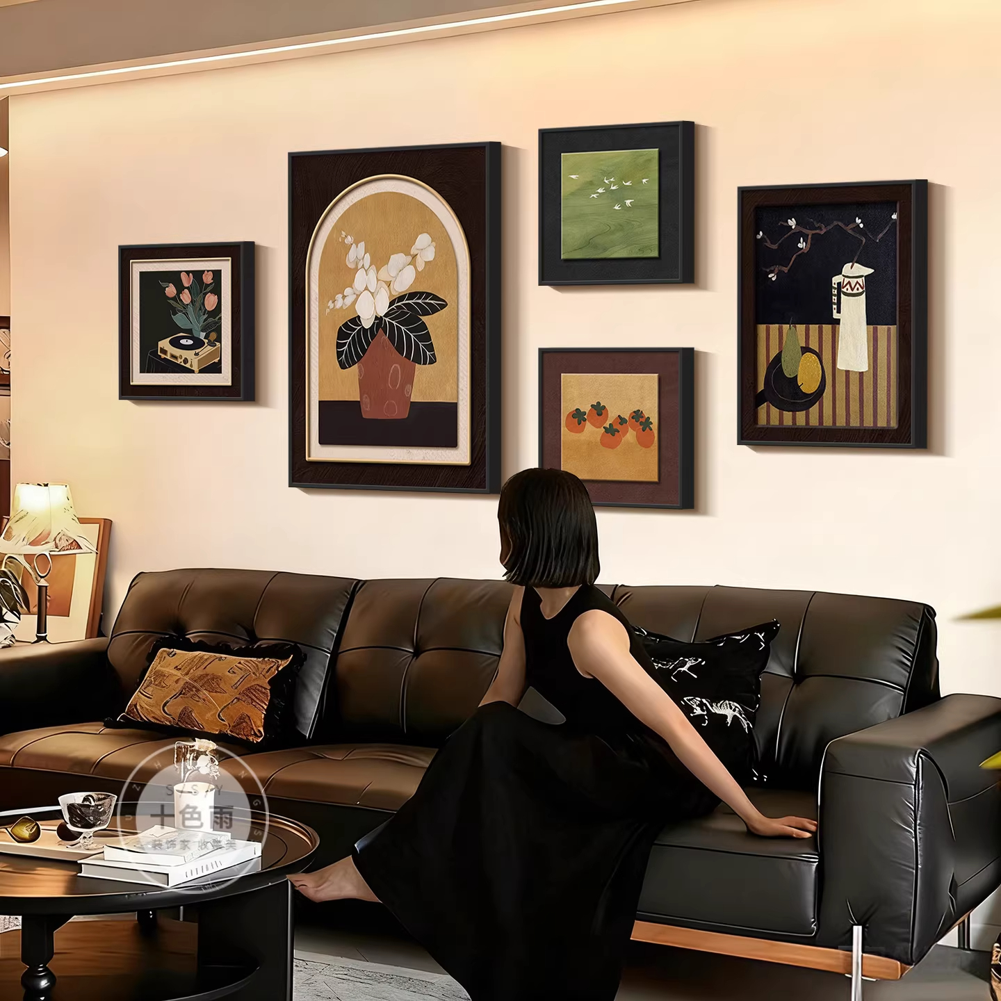 柿柿如意中古风客厅装饰画美拉德沙发背景墙挂画复古艺术组合壁画