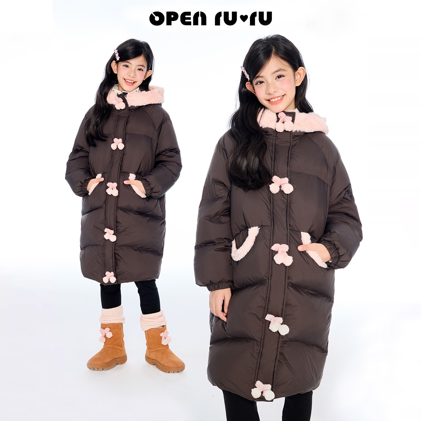 Opennunu女童白鹅绒长款轻暖冬季立体连帽毛绒外套羽绒服