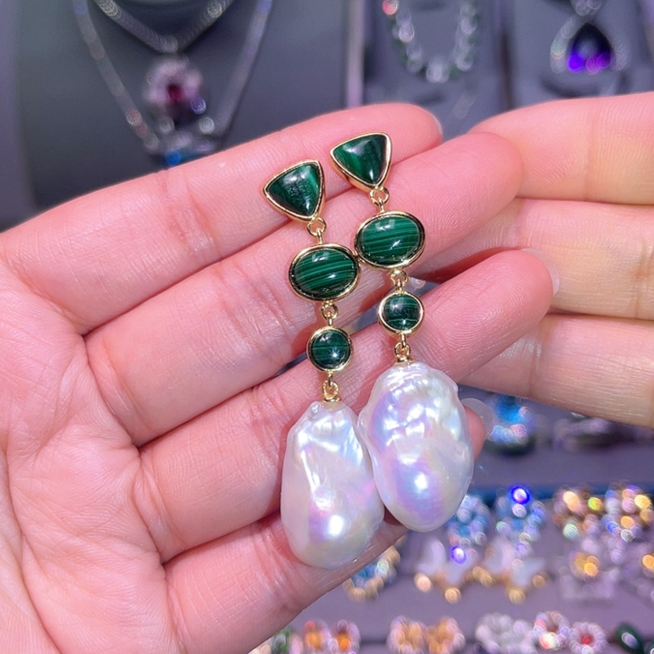 【闪购商品】孔雀石耳饰银S925镶嵌