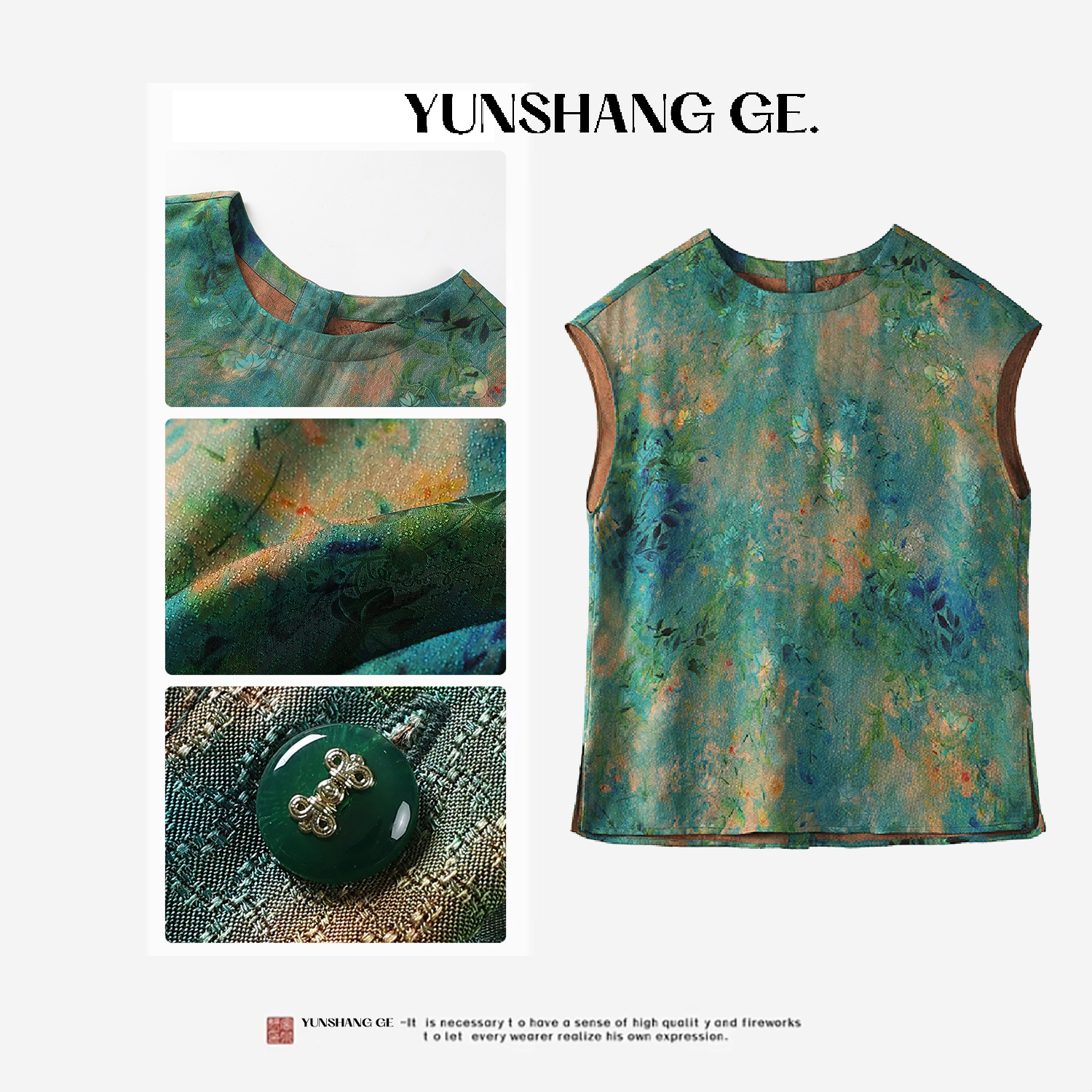 【油画】夏季新款100%桑蚕丝绞萝水墨油画女士休闲短款上衣25610