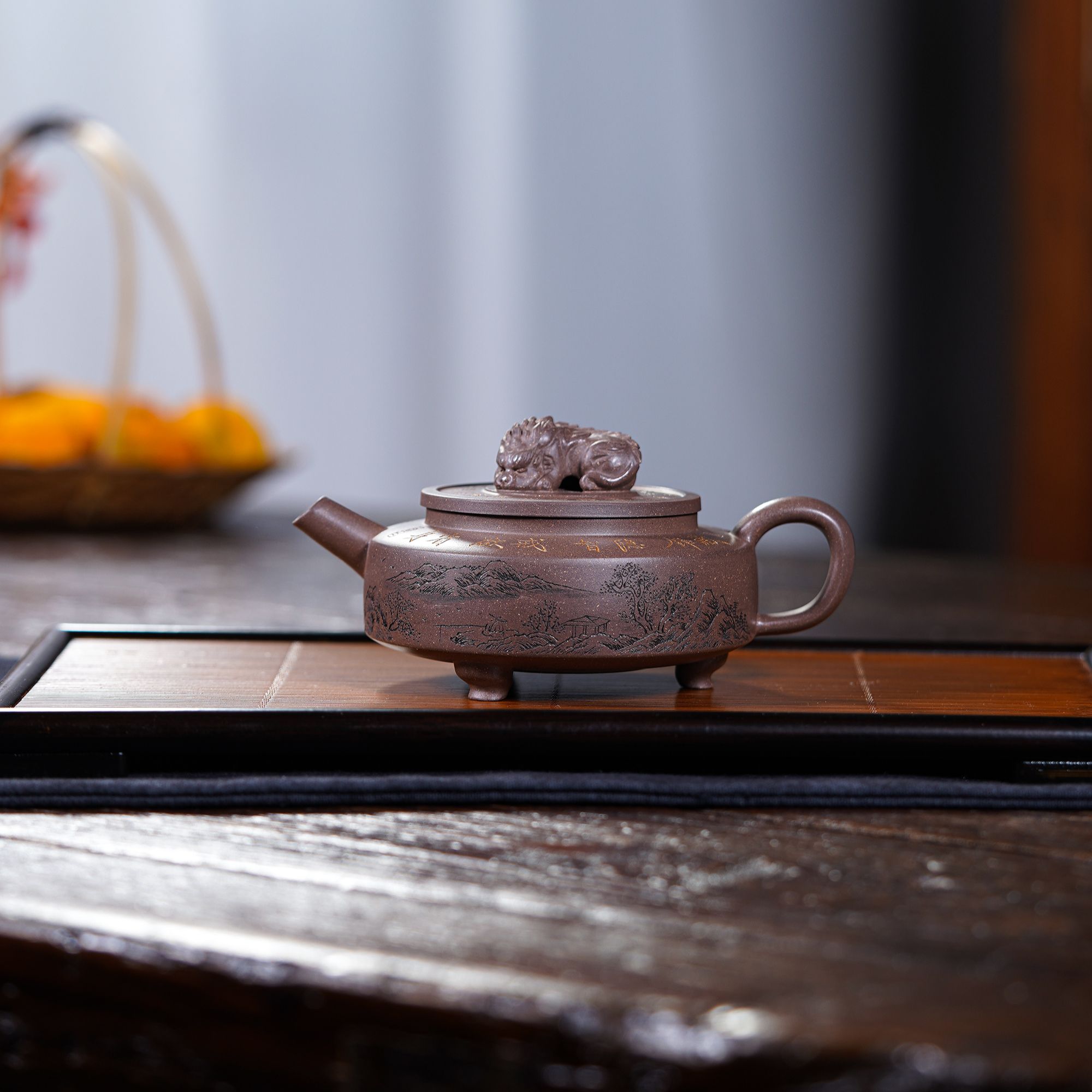 悦茗壶原创-天青泥柴烧匣钵烧-十六字箴言·貔貅紫砂壶壶