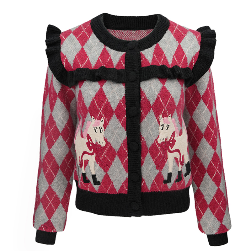 JUNGLE ME复古红色菱格长袖毛衣开衫圆领时尚小香风马年限定