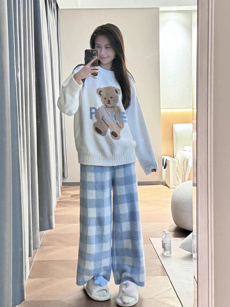 韩版可爱小熊半边绒睡衣女秋冬季新款卡通加绒加厚保暖家居服套装