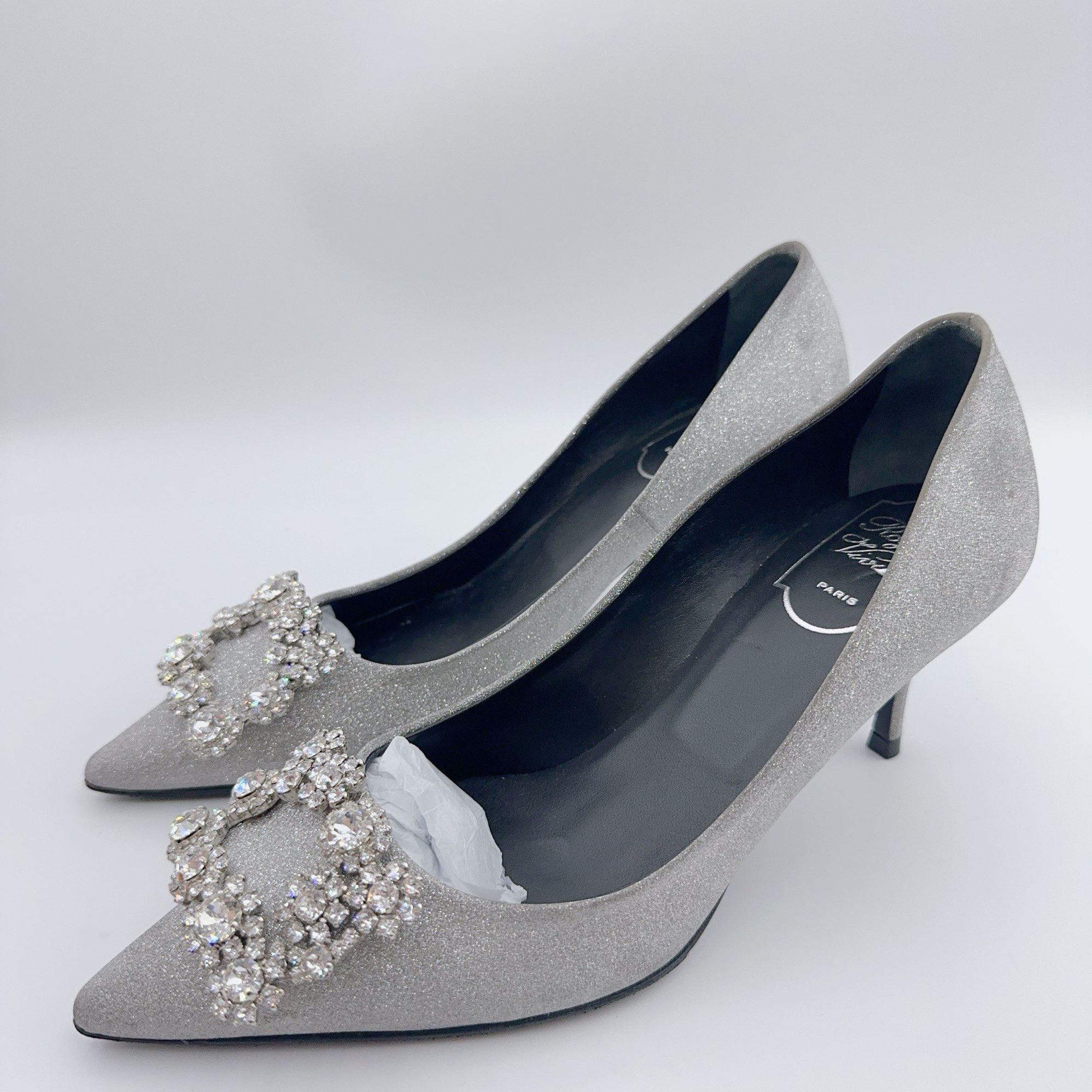95新 Roger Vivier/罗杰·维威耶 37.5码碎花水钻麂皮高跟鞋/01472