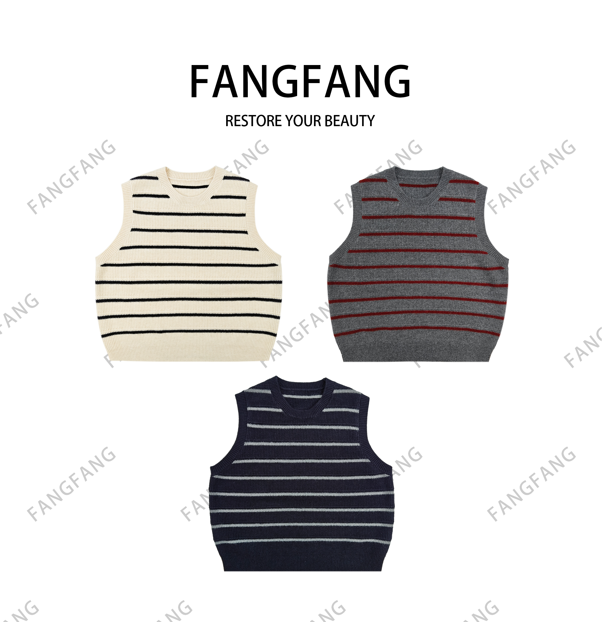 F.F条纹秋冬季无袖女长袖毛针织衫时尚针织马甲圆领套头1122
