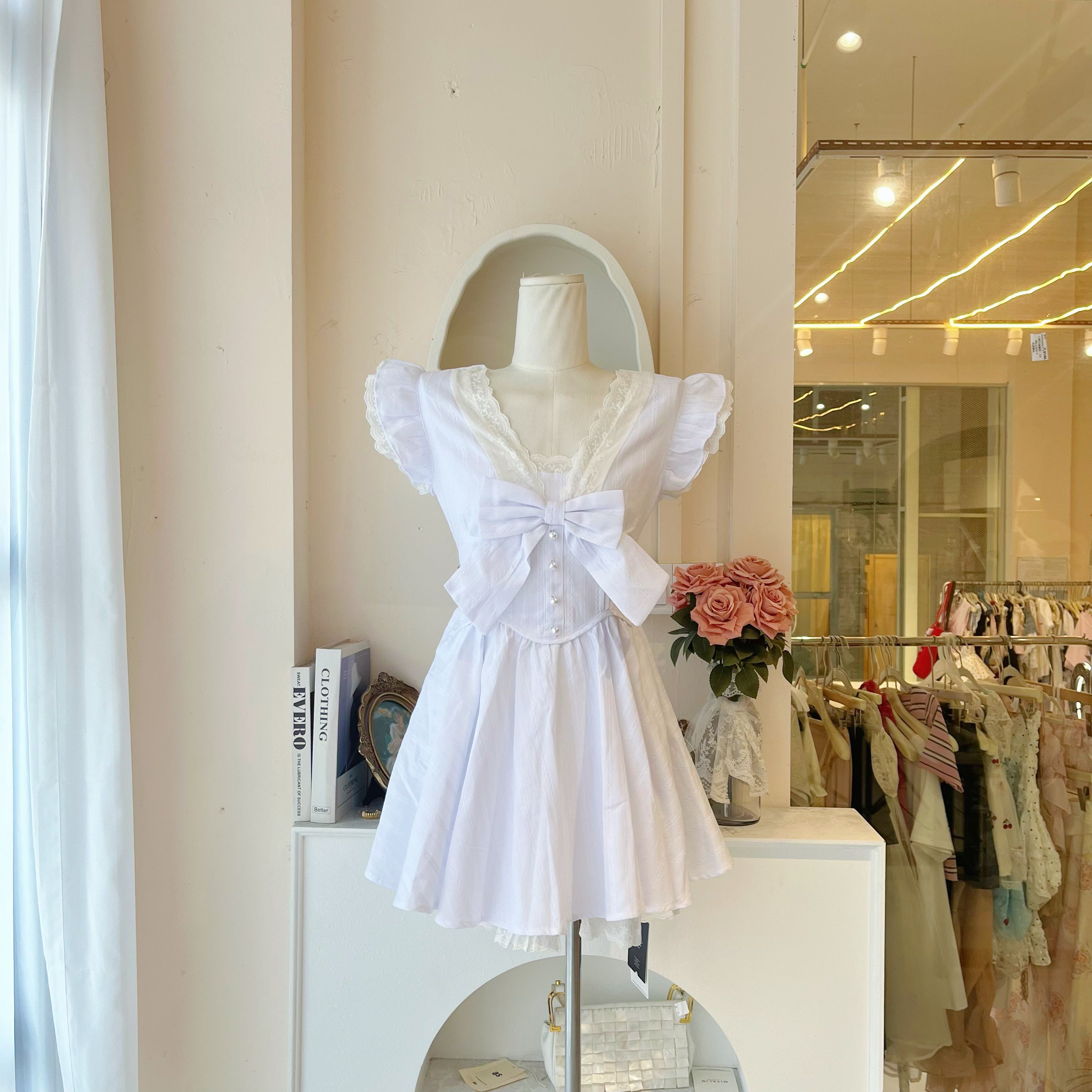 LHTE青青大码女装 法式小飞袖甜美纯欲风小飞袖蝴蝶结连衣裙L0613