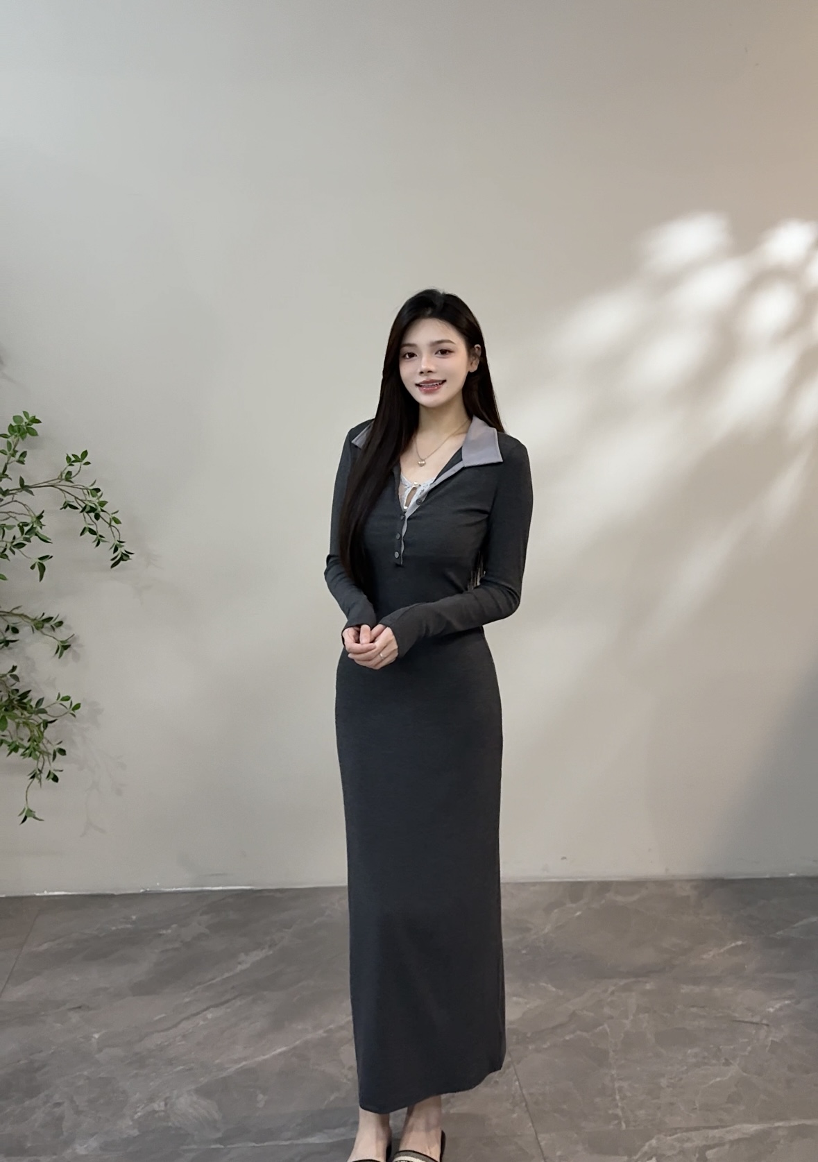 【苏苏】秋季新款POLO领翻领时尚连衣裙长裙收腰长袖设计感DT1588