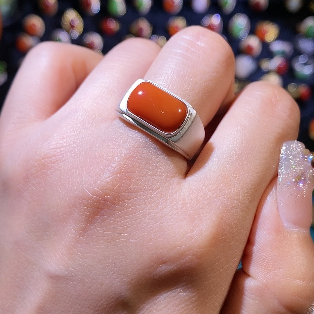 南红玛瑙戒指银S925镶嵌