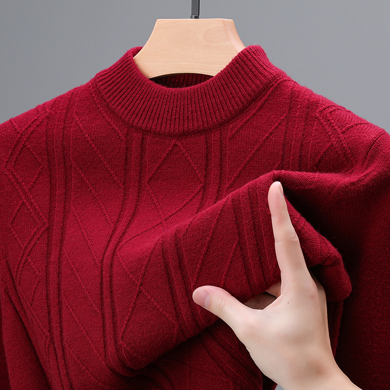 爸爸本命年红色衣服套头宽松型半高领衫保暖加厚绒衫纯色冬季毛衣