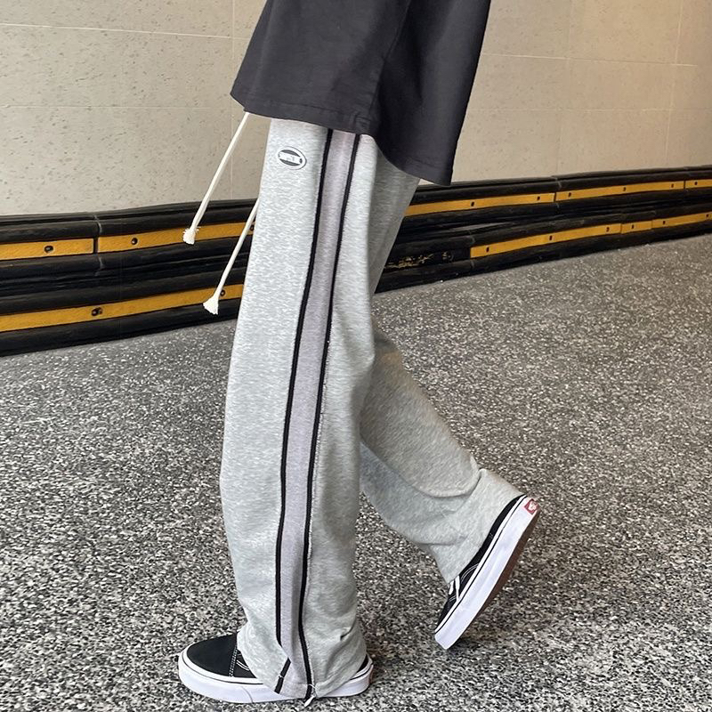 夏季潮流条纹开衩休闲裤男ins韩版直筒宽松运动卫裤潮81