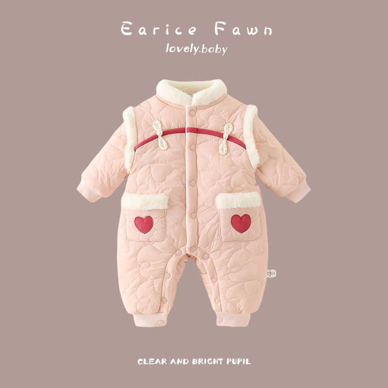 YM百天婴儿哈衣冬装加绒加厚棉衣外穿保暖棉袄小宝宝超萌洋气连体